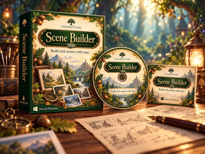 Scene Builder box art: a product box and disc in a forest setting