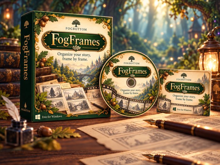 FogFrames promotional artwork: software box, disc and card in green and parchment, decorated with oak leaves and acorns.