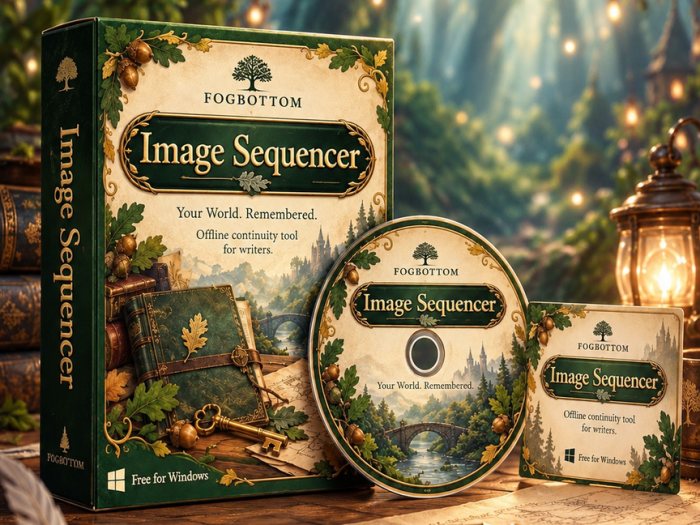 Fogbottom Visual Image Sequencer promotional artwork: software box, disc and card in green and parchment, decorated with oak leaves and acorns.