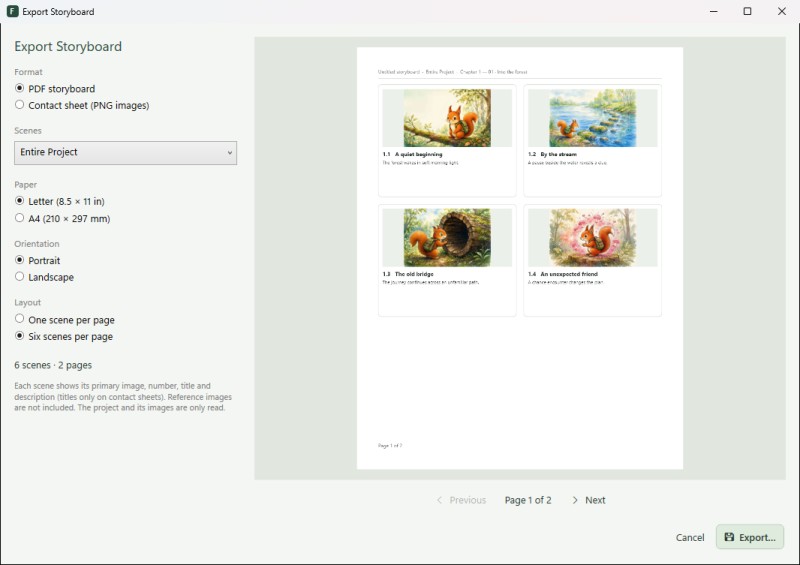 FogFrames Export Storyboard window: options for PDF storyboard or contact sheet, scenes, paper size, orientation and layout on the left, and a live preview of page 1 of 2 showing four scenes on the right.
