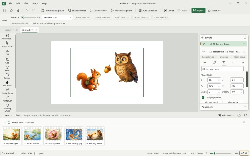 Scene Builder after Remove Background: a squirrel, an acorn and an owl cut cleanly from their original background, with the Magic Wand options shown for refining the result.