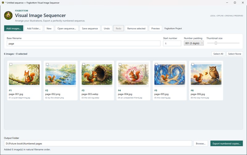 Visual Image Sequencer main window: six picture-book illustrations in a row, numbered #1 to #6, each showing its new filename (page-001.jpg to page-006.jpg) and its original filename, with base filename, start number and padding settings above and the output folder and Export numbered copies button below.