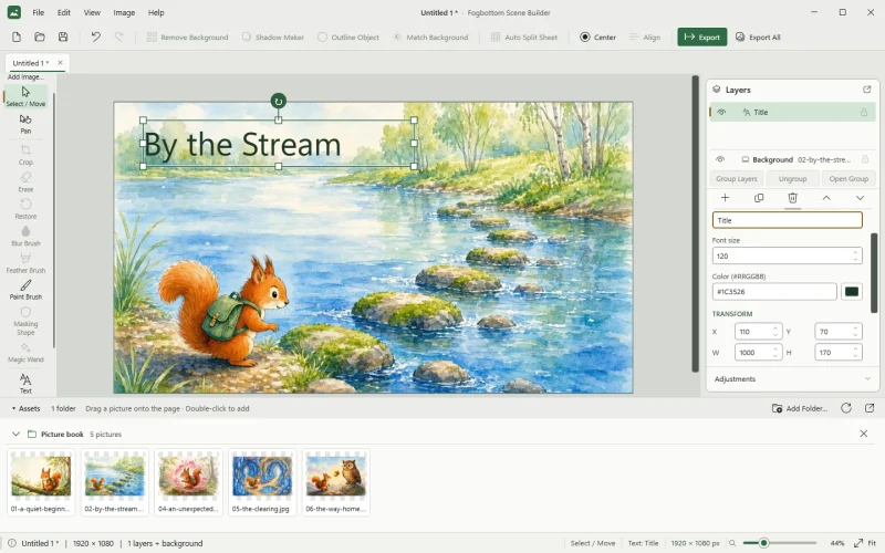 Scene Builder with a picture as the canvas background, an editable text layer, and the Layers and Properties panels