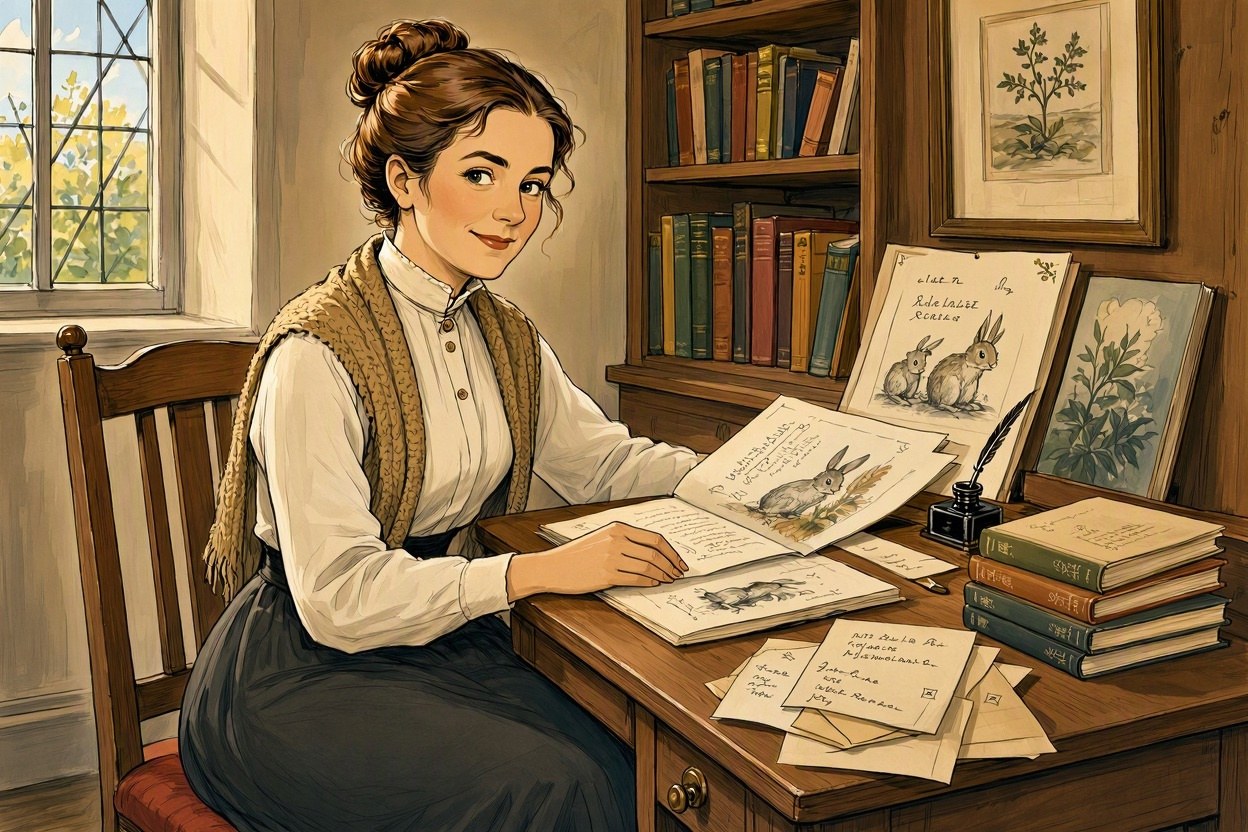 Beatrix Potter illustrating her children's book